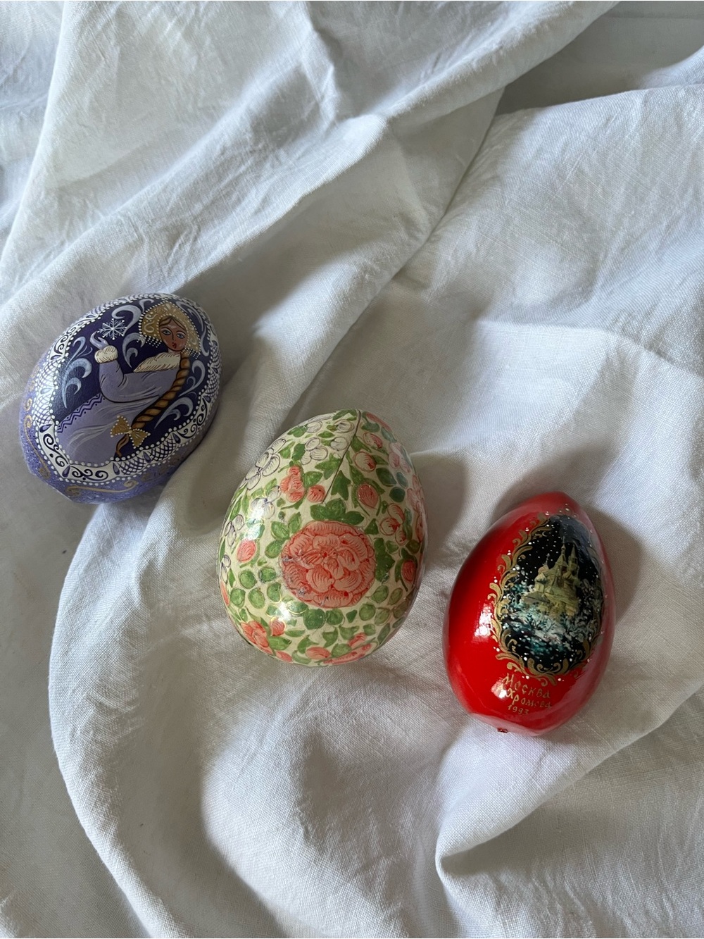 Lot of 3 Hand-Painted Russian Eggs - Wood and Papier Mache